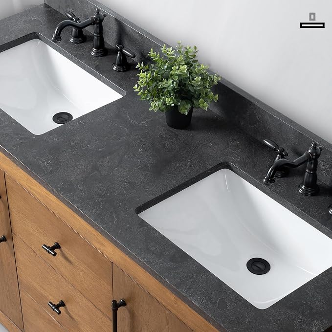 Vanity Art 60 inch Bathroom Vanity with Double Sink, Modern Wood Bath Vanity with Black Carrara Marble Top, Vanity Cabinet with Doors， Removable Shelf, Solid Wood Frame, Tan, VA7060DB