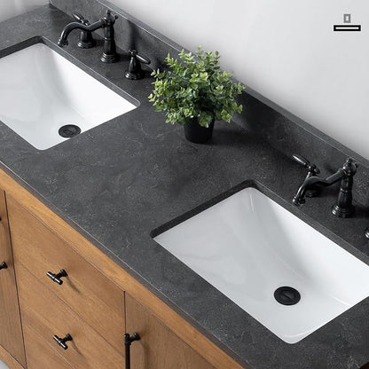 Vanity Art 60 inch Bathroom Vanity with Double Sink, Modern Wood Bath Vanity with Black Carrara Marble Top, Vanity Cabinet with Doors， Removable Shelf, Solid Wood Frame, Tan, VA7060DB