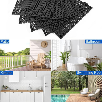 Modular Interlocking Cushion 55 Pack 11.8" x 11.8" Rubber Floor Tiles Non-Slip Splicing Drainage Mats for Deck, Pool, Outdoor Shower, Patio, Balcony, Indoor Bathroom, Kitchen, Yard (Black)