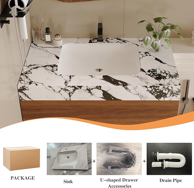 30 inch Modern Floating Bathroom Vanity with Faux Marble Countertop and Ceramic Sink, Wall-Mounted Bathroom Vanity Cabinet with 2 Soft Closing Drawers for Bathroom, Powder Room, Apartment, Walnut