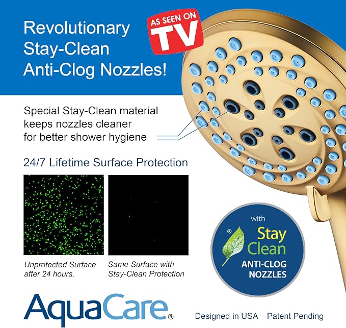 AquaCare New 8-mode High Pressure Handheld Shower Head w/ 2-way Power Wash | Stay Clean Nozzles, Dual Power Wash for Tub, Tile & Pets, Long 6 ft. Stainless Steel Hose, Wall & Overhead Brackets / Gold