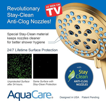 AquaCare New 8-mode High Pressure Handheld Shower Head w/ 2-way Power Wash | Stay Clean Nozzles, Dual Power Wash for Tub, Tile & Pets, Long 6 ft. Stainless Steel Hose, Wall & Overhead Brackets / Gold