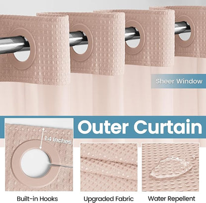 EUTXL Heavyweight Blush Pink Long No Hook Shower Curtain with Snap in Liner,256GSM Waffle Weave Shower Curtains for Bathroom,71W x 86H