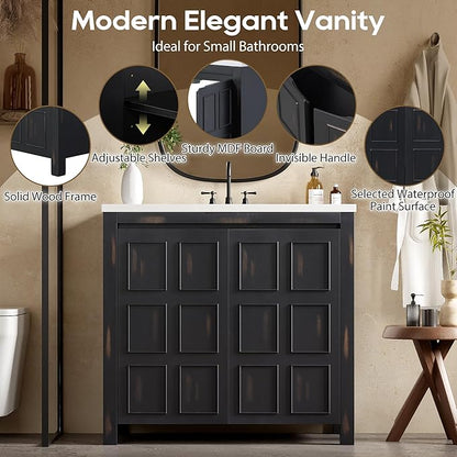 Favfurish 36" Bathroom Vanity w/Sinks,Free Standing Singe Basin Vanity Set w/Adjustable Shelf & Soft Close Doors,Solid Wood Frame Storage Cabinet for Bathroom,Retro Espresso
