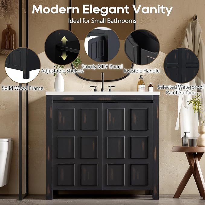 LUMISOL 36" Bathroom Vanity with Sink, Modern Bathroom Vanity with 2 Doors, Adjustable Shelf, Freestanding Bathroom Storage Cabinet with Ceramic Sink, Espresso