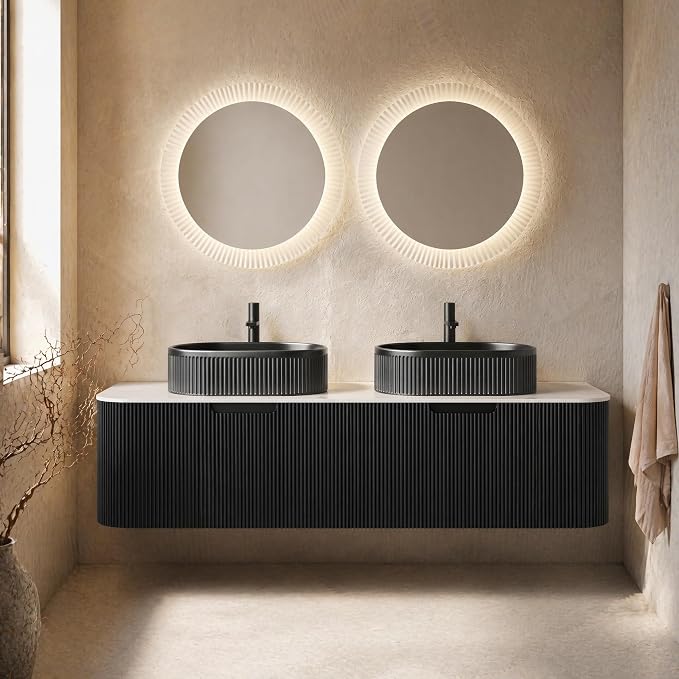 60 Inch Double Sink Bathroom Vanity, Floating Wall Mounted Cabinet, Black Curved Fluted Front, Stone Top, Dual Black Textured Oval Vessel Basins, Pre-Assembled