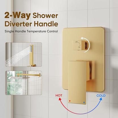 ESNBIA Gold Shower Head, Rainfall Shower System with 10 Inches Rain Shower Head, All Metal Shower Faucet Set with Shower Valve, Wall Mounted Shower Fixtures, Brushed Gold
