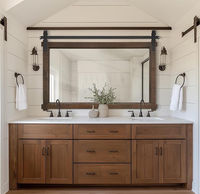 Besdomus Large Bathroom Rustic Mirror: 42"x28" Brown Barn Door Farmhouse Solid Cedar Wood Frame - Wall Mounted Mirror for Hallway/Fireplace/Bathroom Refresh- Modern Rustic Decor for Fashion-Conscious