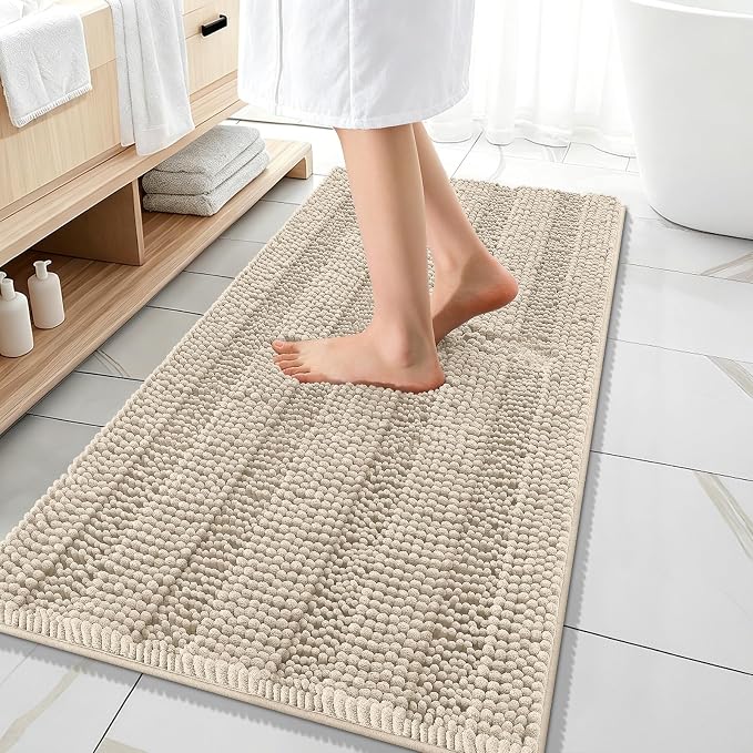 OLANLY Thick Bathroom Runner Rugs 47x20, Soft Chenille Long Bath Rugs, Sand | Absorbent Striped, Rubber Backing, Machine Wash, Bath Mats for Bathroom Floor, Tub and Shower, Home Decor Accessories