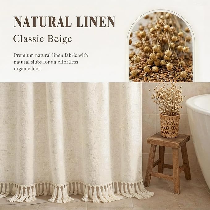 Tassel Linen Shower Curtain Flax Cream, Fabric Boho Farmhouse Shower Curtains for Bathroom Cotton Natural Cloth Liner Set 72" W x 72" L