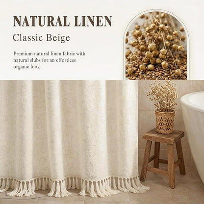 Tassel Linen Shower Curtain Flax Cream, Fabric Boho Farmhouse Shower Curtains for Bathroom Cotton Natural Cloth Liner Set 72" W x 72" L