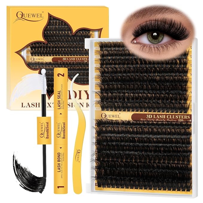 QUEWEL Lash Clusters Kit, 320Pcs 80D+100D 3D Lash Cluster Eyelash Extensions 12-18mm Volume Lash Clusters Kit with Lash Bond and Seal and Lash Tweezers Easy DIY at Home(80+100D 3D Kit) | 12-18mm Volume Lash Clusters Kit with Lash Bond and Seal and Lash...