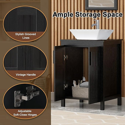 UEV Black 24" Bathroom Vanity with Sink Combo,Modern Vanity with Vessel Sink,Stylish Bathroom Vanity Cabinet,Grooved Doors & Metal Handles,Modern White Square Bowl Ceramic Vessel Sink(A07)