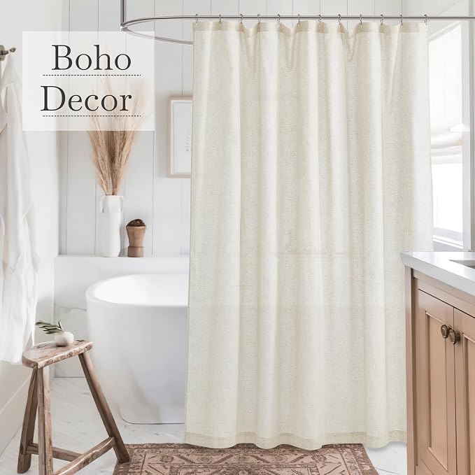 KGORGE Natural Linen Blend Sheer Shower Curtains for Bathroom | Semi-Sheer Waterproof Fabric Lightweight Button Hole for Bathtub, 12 Rust-Proof Hooks Included, W72 x L84