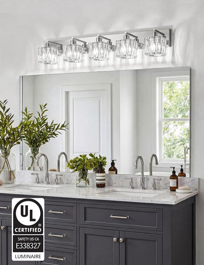 VOLISUN Chrome Bathroom Light Fixtures, Modern Stainless Steel Bathroom Lighting Fixtures Over Mirror, 5 Light Bathrooms Vanity Light, Crystal Vanity Light for Bathrooms-UL Certificated(Exclude Bulb)