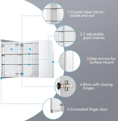 Sunrosa Medicine Cabinet with Mirror, 36" W x 31.5" H, 2 Asymmetrical Doors, Wall-Mounted & Recessed Bathroom Medicine Cabinet with Tempered Glass Mirror