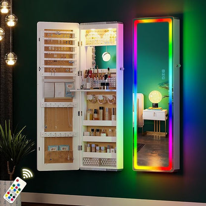 HNEBC Full Length Mirror with Storage, Wall Mounted Jewelry Cabinet with RGB Lights & Remote, Lockable Over Door Jewelry Organizer with Drawer, Foldout Makeup Tray 47.2" Hx14.5 Wx3.9 D, White