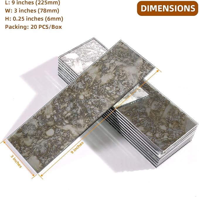20PCS Peel and Stick Backsplash, 3"x 9" Antique Mirror Glass Tile(Rust) | Self-Adhesive Subway Tile, Backsplash Tile for Kitchen/Bathroom/Living Room