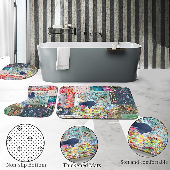 4-Piece Boho Floral Shower Curtain Bohemian Wildflower Design Bathroom Set with Shower Curtain and Rugs, Cute Fun Decorative Bath Set with Hooks for Home Decor