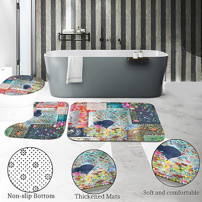 4-Piece Boho Floral Shower Curtain Bohemian Wildflower Design Bathroom Set with Shower Curtain and Rugs, Cute Fun Decorative Bath Set with Hooks for Home Decor