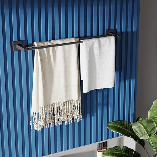 RUACQ Double Towel Bar, 24 Inch Towel Racks for Bathroom Wall Mounted, 304 Stainless Steel Bath Towel Rod with Square Base(Matte Black)