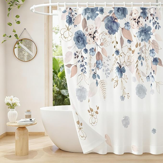 Blue Floral Flower Shower Curtain, Boho Curtain Set with 12PCS Hooks,Minimalist Watercolor Plant Eucalyptus Leaf Country Pretty Bath Bathtub Set Accessories Home Decor, 72 x 72 Inch (6-Flower B)