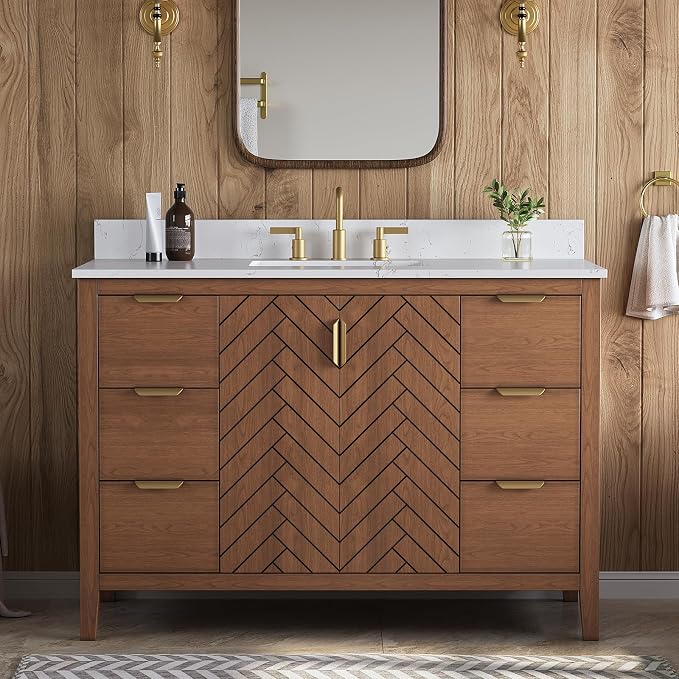 48" Walnut Bathroom Vanity with Sink, No Assembly Required | Solid Wood Bathroom Vanities with Soft Close Doors & Dovetail Drawers, Modern Bathroom Sink Cabinet, 0.78" Stone Top