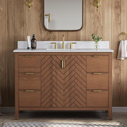 48" Walnut Bathroom Vanity with Sink, No Assembly Required | Solid Wood Bathroom Vanities with Soft Close Doors & Dovetail Drawers, Modern Bathroom Sink Cabinet, 0.78" Stone Top