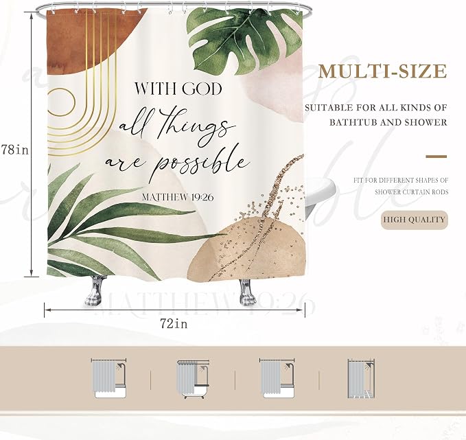 Glawry Boho Bible Verse Shower Curtain Extra Long Bathroom Curtain Set | Inspirational Abstract Scriptures Quotes Palm Leaf Mid Century 72Wx78L Bathroom Decor Waterproof Fabric with Free Hooks