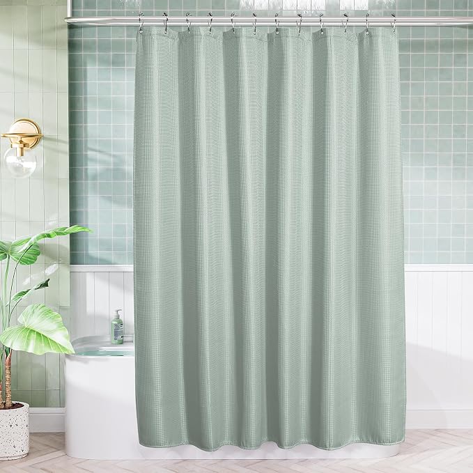 AmazerBath Grayish Green Shower Curtain Waffle Textured, Fabric Shower Curtain Dusty Green Thick Heavy Duty 240GSM Hotel Quality Bathroom Shower Curtains, Premium Polyester, 72 x 72 Inches