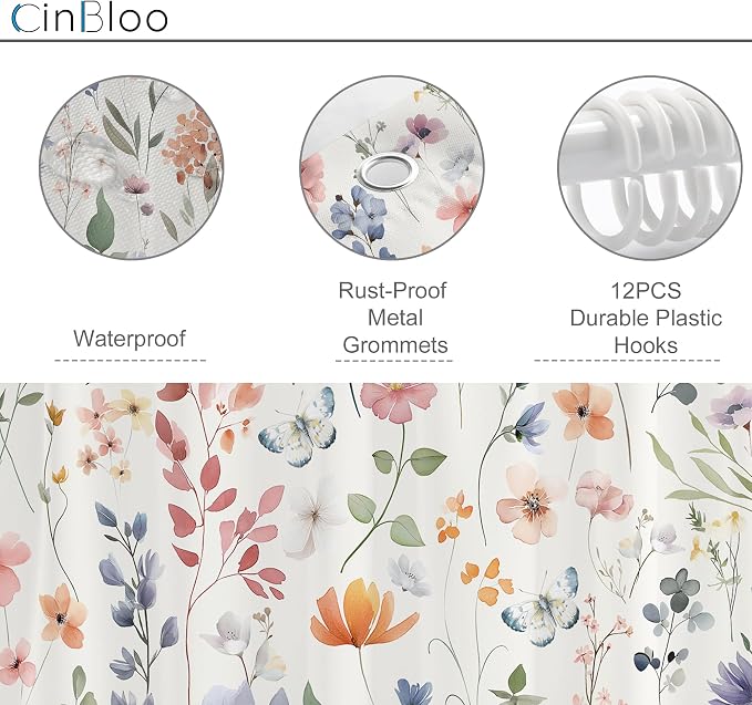 Boho Coral Pink Flower Colorful Wildflower Bathroom Shower Curtain Set | 72"W x 78"H Floral Watercolor; waterproof HD print, quick-dry fabric and plastic hooks for easy setup.