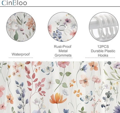 Boho Coral Pink Flower Colorful Wildflower Bathroom Shower Curtain Set | 72"W x 78"H Floral Watercolor; waterproof HD print, quick-dry fabric and plastic hooks for easy setup.