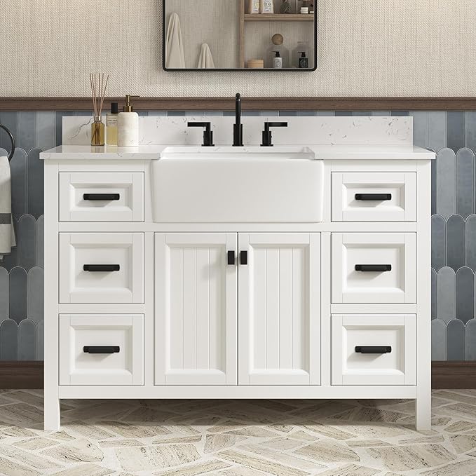 48 Inch Bathroom Vanity with Sink, Farmhouse Bathroom Sink Cabinet with Adjustable Feets, Solid Wooden Frame Single Sink Bathroom Vanity with Soft Closing Doors, Apron Farm Sink, White