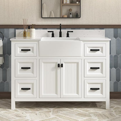 48 Inch Bathroom Vanity with Sink, Farmhouse Bathroom Sink Cabinet with Adjustable Feets, Solid Wooden Frame Single Sink Bathroom Vanity with Soft Closing Doors, Apron Farm Sink, White