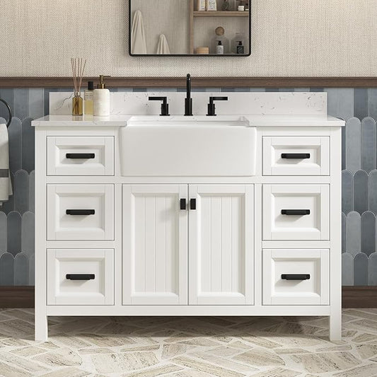 48 Inch Bathroom Vanity with Sink, Farmhouse Bathroom Sink Cabinet with Adjustable Feets, Solid Wooden Frame Single Sink Bathroom Vanity with Soft Closing Doors, Apron Farm Sink, White