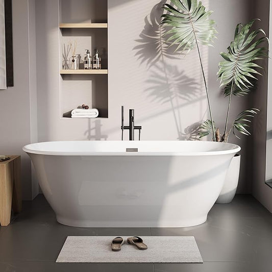 67 Inch Acrylic Freestanding Bathtub, Luxury Oval Soaking Tub, Modern Grey and White Stand Alone Bath with Chrome Drain and Overflow, Deep Soaking Tub for Bathroom