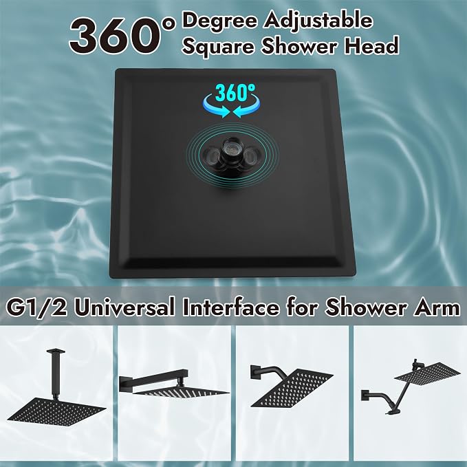Midanya Square Rain Shower Head,High Pressure,Matte Black 6 Inch | 360°Swivel,Ceiling or Wall Mount,Waterfall Full Body Coverage,Bathroom Remodel,Stainless Steel Large Rainfall Shower Head