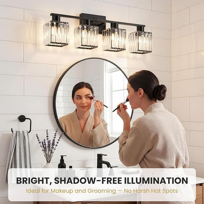 Crystal Bathroom Light Fixtures, 4-Light Matte Black, Vanity Lights for Bathroom Over Mirror, Modern Bath Wall Sconce for Mirror Bedroom Living Room