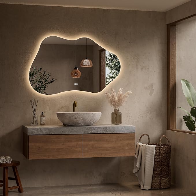Keonjinn 48 x 30 Inch Irregular Backlit Bathroom Mirror, HD Tempered Glass | Asymmetrical Cloud LED Bathroom Mirror, 3000K/4500K/6000K, Dimmable, Fast & Safe Defog, Memory Function, Plug-in/Hardwired