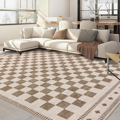 Garvee Washable 9x12 Rug for Living Room Checkered Beige Rug Non Slip | Geometric Large Area Rug Soft Non Shedding Throw Rugs Stain Resistant Carpet for Bedroom Dining Room Nursery Beige 9'x12'