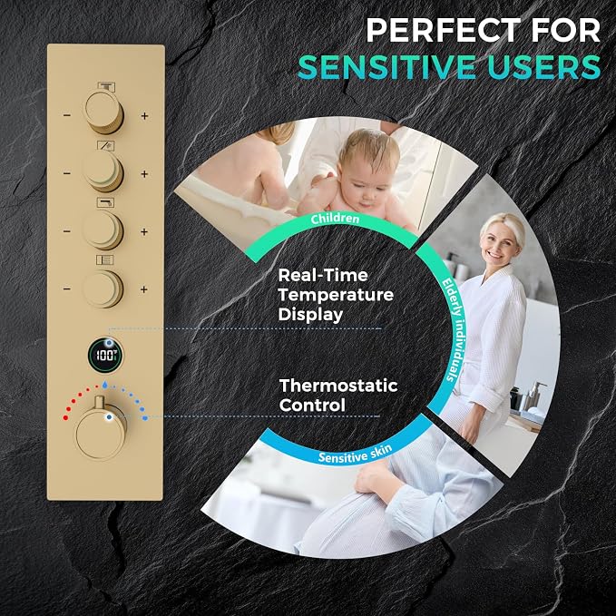 Luxury Thermostatic Digital Dual Heads Shower System Brushed Gold Full Bdoy Spray Shower Faucet Set with 20x14in LED Rainfall Showerhead and 6in Wall Shower, 4 Body Jets with Shut-off, Brass Handheld