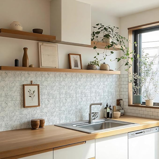 10 Sheets Thicker Design Peel and Stick Backsplash, 12"x12" Peel and Stick Wall Tiles, Subway Look Marble Tiles Backsplash for Kitchen and Bathroom, Snow Flake White