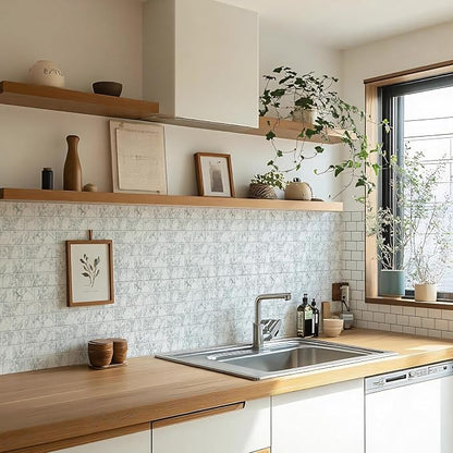 10 Sheets Thicker Design Peel and Stick Backsplash, 12"x12" Peel and Stick Wall Tiles, Subway Look Marble Tiles Backsplash for Kitchen and Bathroom, Snow Flake White