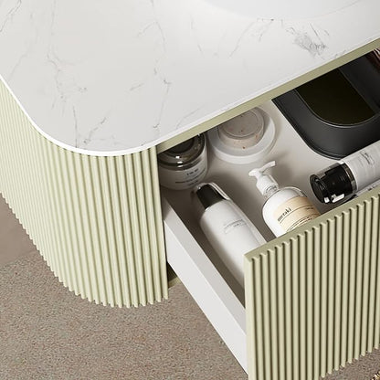 30'' Floating Vanity with Sink Combo, Modern Wall-Mounted Curved Edges Striped Bathroom Storage Cabinet with Soft-Close Drawer and White Artificial Marble Basin, Light Green