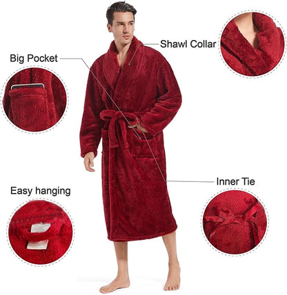 Inner Wish Mens Plush Fleece Robe, Cozy Warm Bathrobe Fuzzy Male Spa Long Robe With Pockets (DARK GREY)