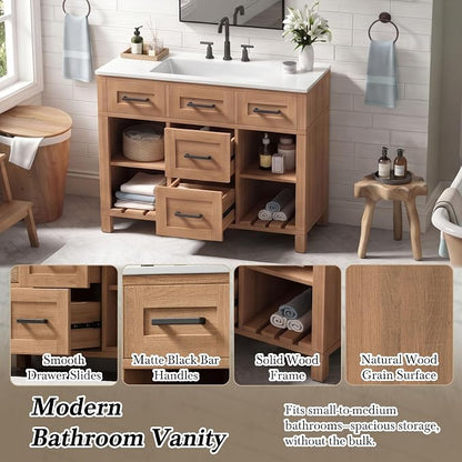 36" Mid-Century Bathroom Vanity with SMC Sink (Natural Wood Style2, 36") | Ample Storage Space with 2 Drawers, Adjustable Shelves & Open Breathable Hollow Shelf, Smooth Drawer Slides