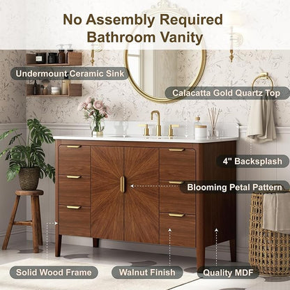 48 Inch Walnut Bathroom Vanity with Sink, Fully Assembled Solid Wood Bathroom Vanities with Soft Close Parquet Doors, Full Extension Dovetail Drawers, Calacatta Quartz Top & Backsplash