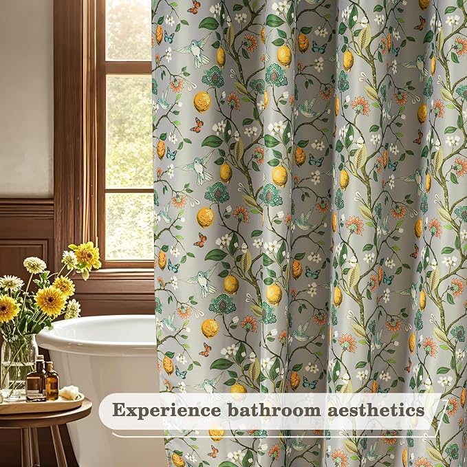 Grey Floral Bird Shower Curtain 72x72, Hummingbird and Lemon Botanical Fabric Bath Curtains, Lightweight Quick-Dry Bathroom Decor Set with Hooks