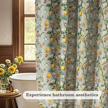 Grey Floral Bird Shower Curtain 72x72, Hummingbird and Lemon Botanical Fabric Bath Curtains, Lightweight Quick-Dry Bathroom Decor Set with Hooks