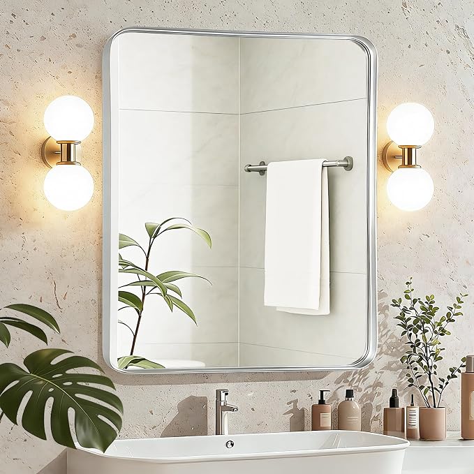 Silver Bathroom Vanity Mirror Over Sink 30x36, Large Wall Chrome Mirror | Fabuday Matte Metal Brushed Nickel Framed Rectangle Mirror for Living Room, Bedroom, Entryway Decor, Wall Mounted